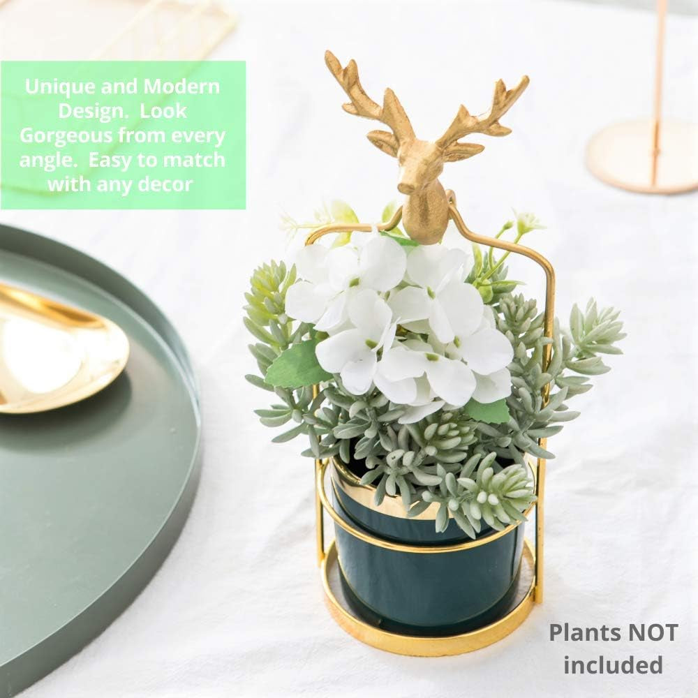 Charming 3.2 Inch Green Succulent Pot with Elegant Metal Stand - Perfect Mini Planter for Bedroom & Bathroom Decor, Unique Table Centerpiece