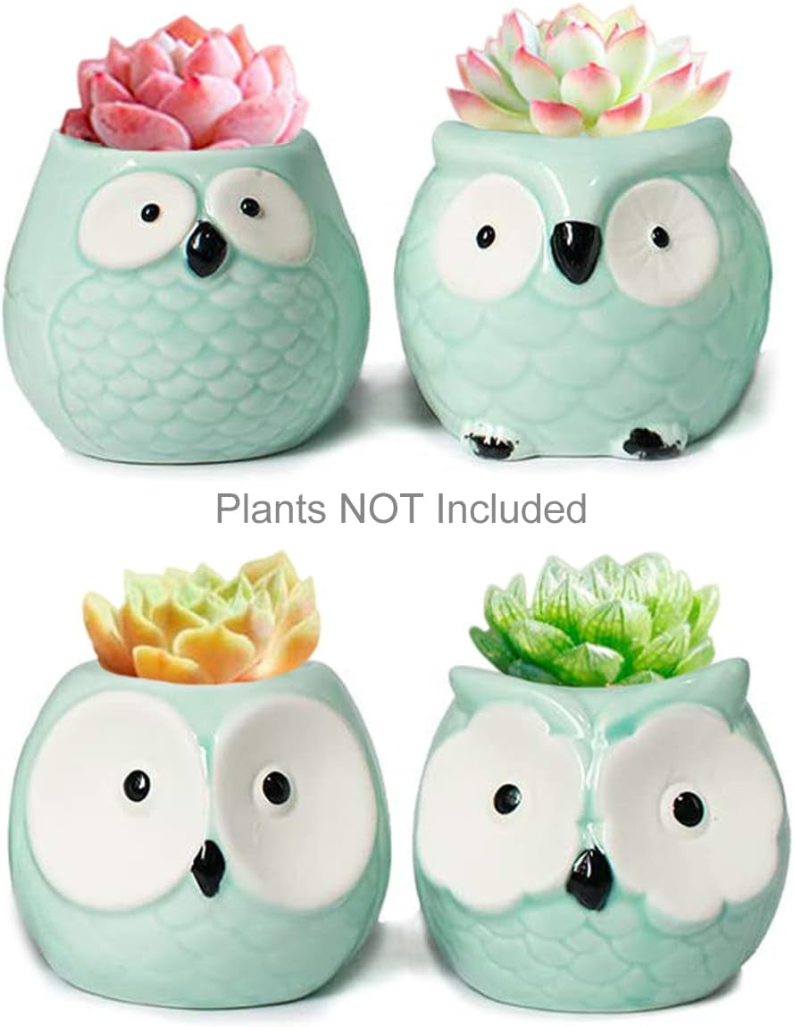 Adorable Set of 4 Turquoise Mini Owl Ceramic Succulent Planters