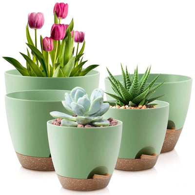 Set of 5 Green Self Watering Plastic Plant Pots with Drainage Holes - Eco-Friendly Indoor/Outdoor Flower Planters for Succulents, Cactus, Snake Plants - Sizes: 7", 6.5", 6", 5.5", 5"