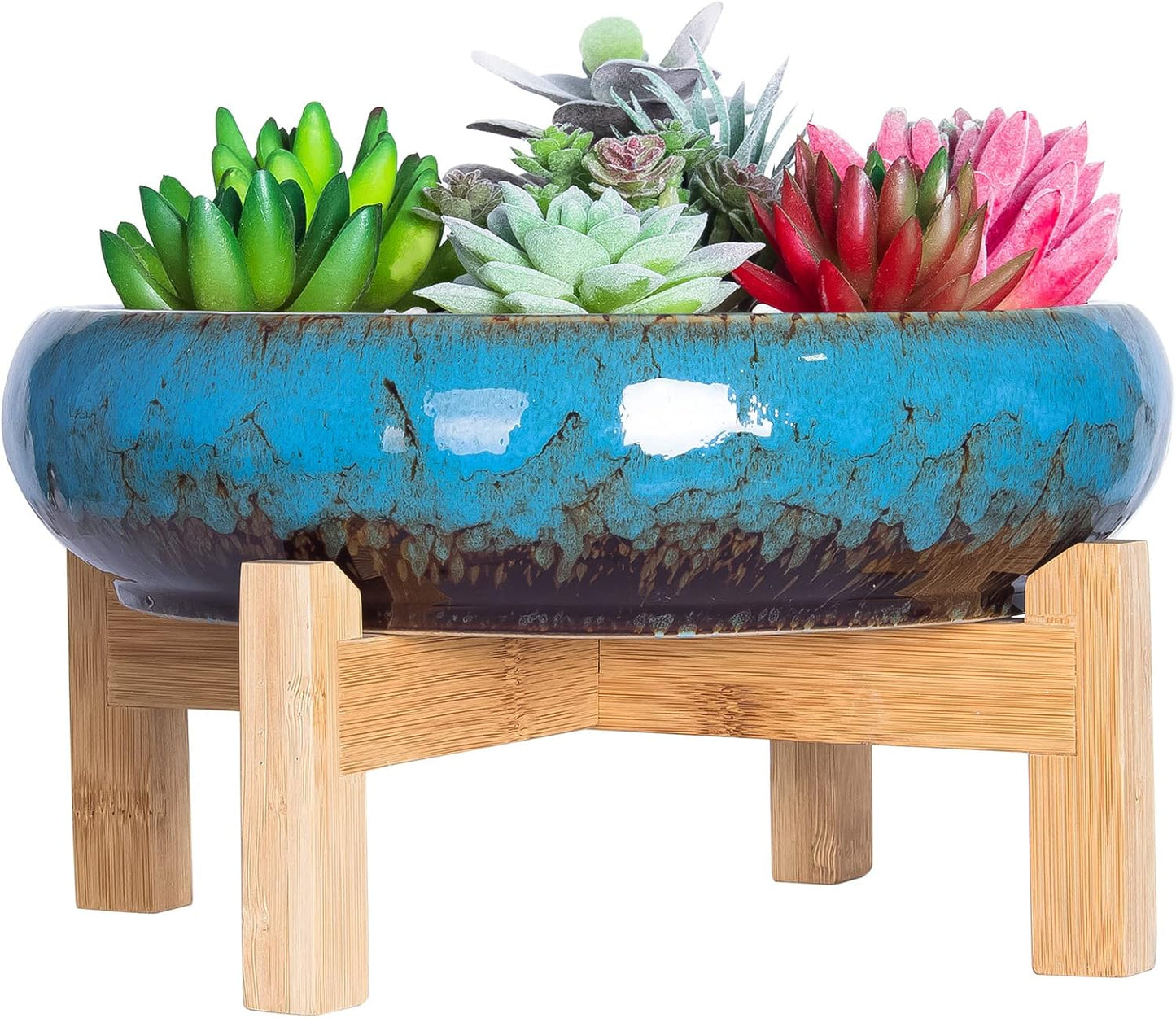 Succulent Pots - Large Succulent Planters Pots with Drainage, 10 Inch Ceramic Bonsai Pot with Stand round Shallow Planter for Indoor/Outdoor Plants Decorative Garden Cactus Flower Container Bowl
