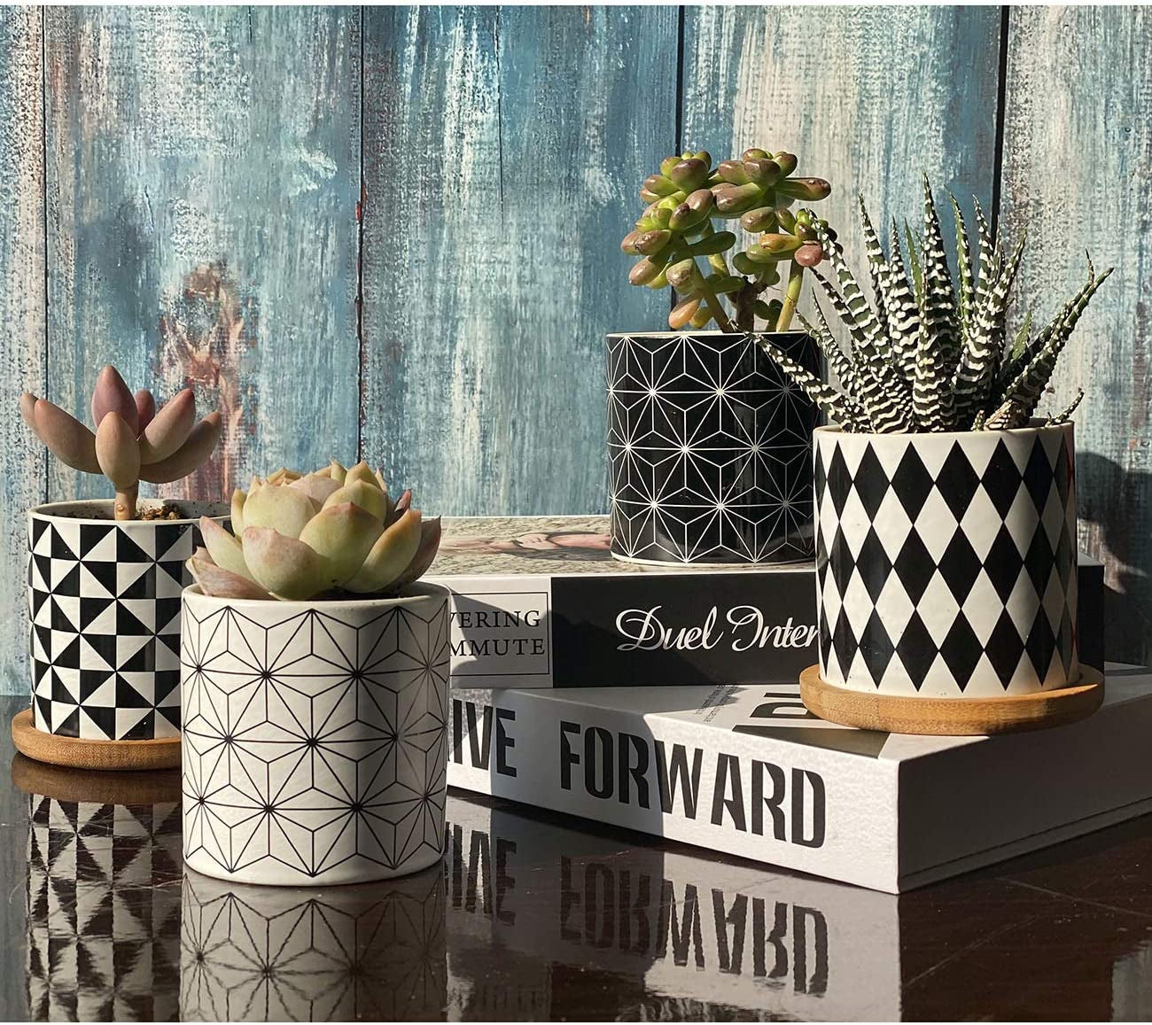 Set of 4 Stylish Ceramic Succulent Planter Pots with Drain Holes & Bamboo Trays – Perfect for Indoor & Outdoor Cacti and Flowers