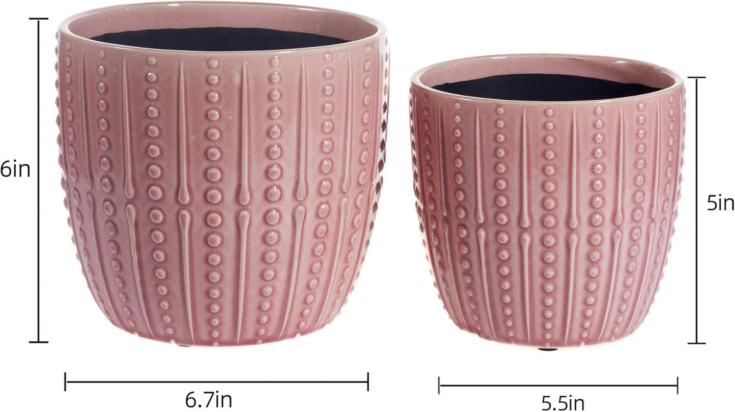 Chic Pink Ceramic Plant Pots - Set of 6.5" & 5.5" Indoor Planters with Drainage Holes