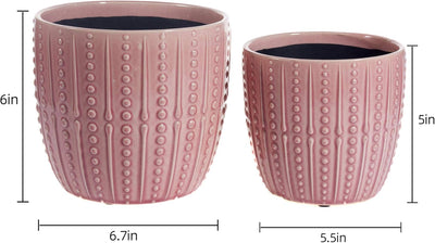 Chic Pink Ceramic Plant Pots - Set of 6.5" & 5.5" Indoor Planters with Drainage Holes