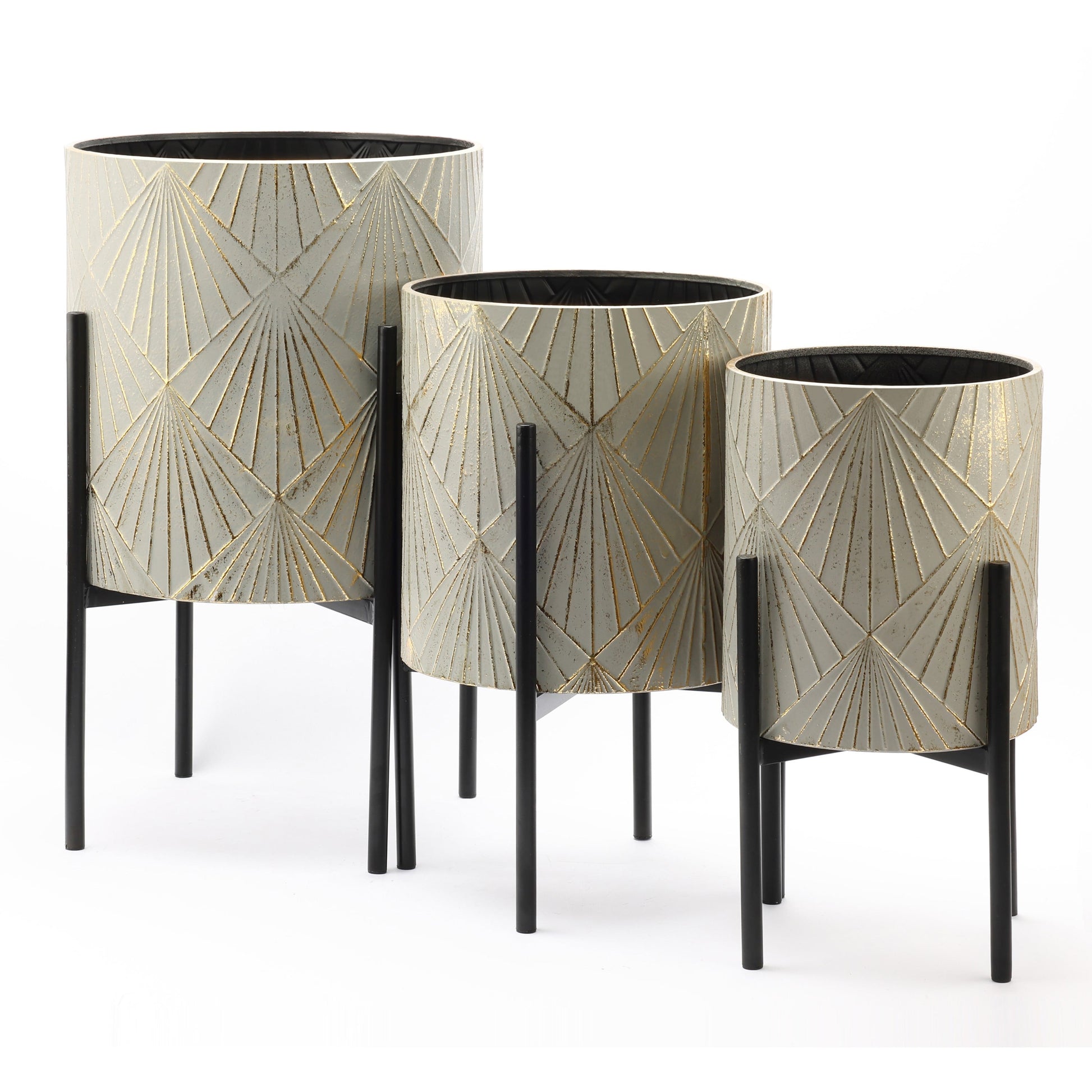 Set of metal planters in distressed gray with gold accents

