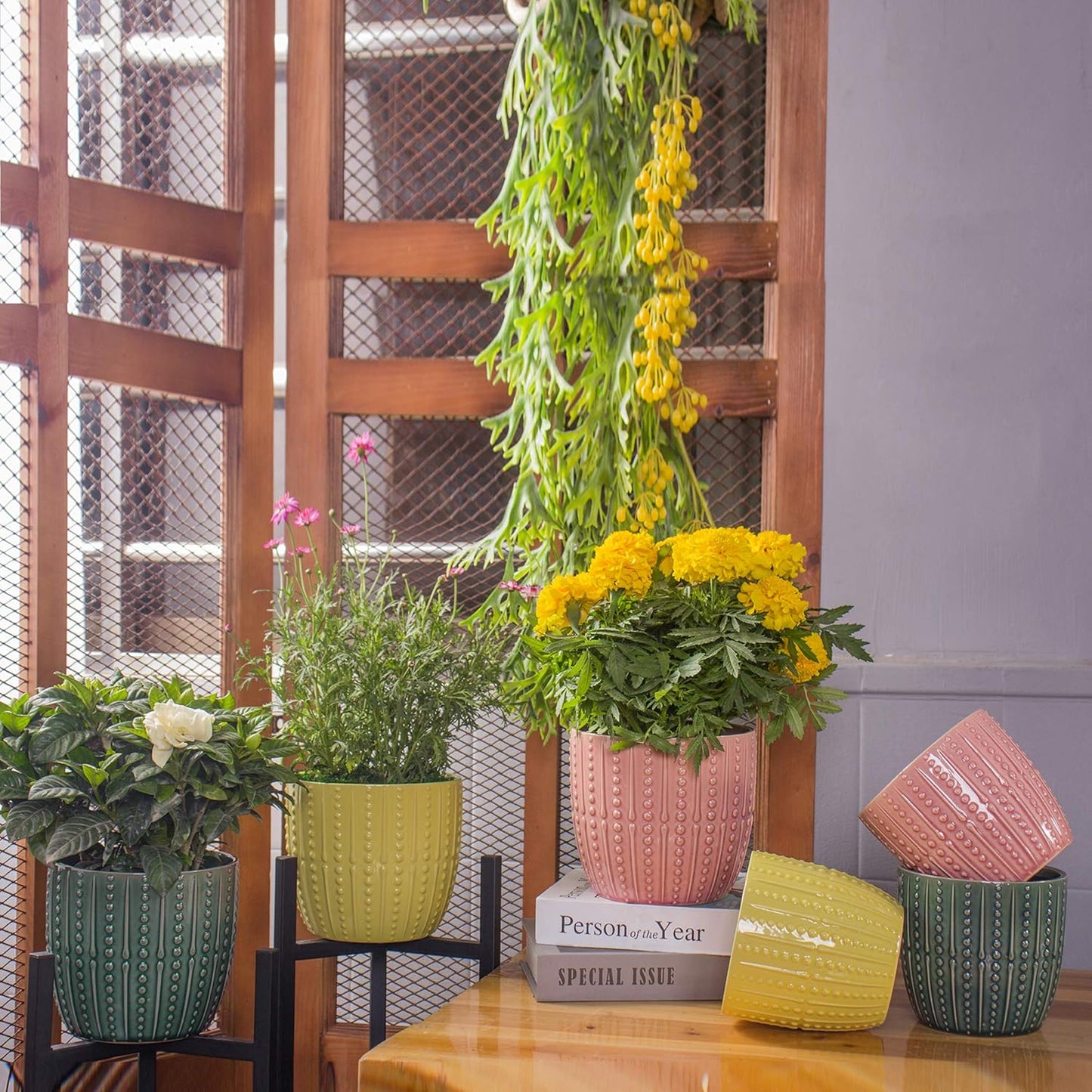 Vibrant Lemon Yellow Ceramic Plant Pots - Set of 2 (6.5" & 5.5") with Drainage Holes for Indoor Plants