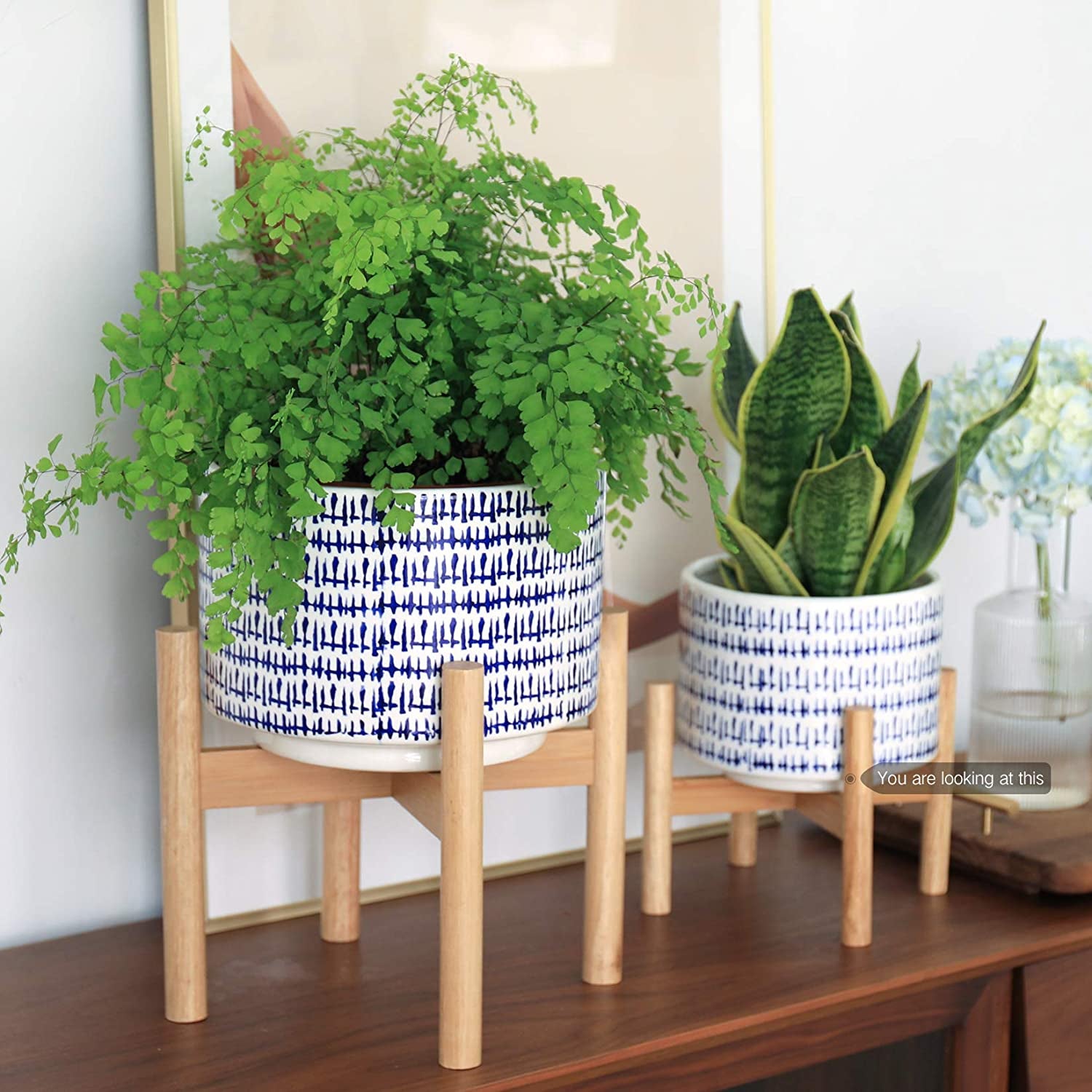 Blue Planter with Stand - 7.3 Inch Retro round Decorative Flower Pot Indoor with Wood Planter Holder, Blue and White, Home Decor Gift