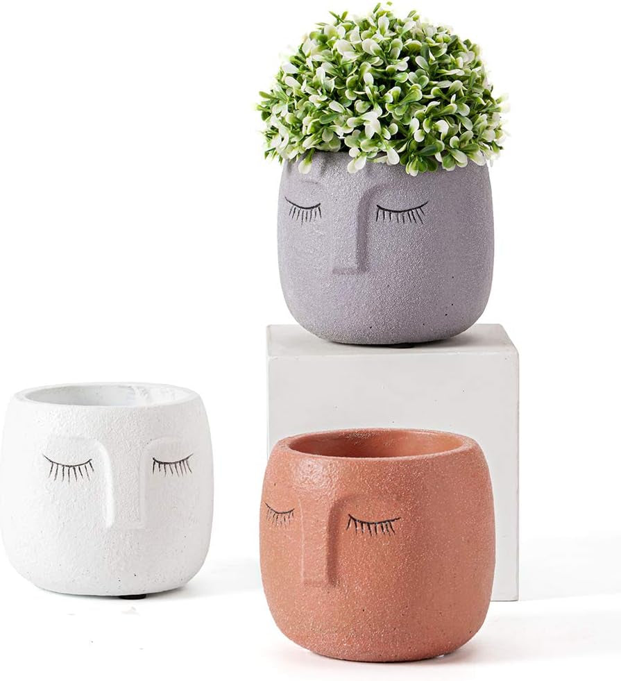 Head Design Planter Pot with Drainage Hole, Elegant Cement Face Planter for Flower (Grey)