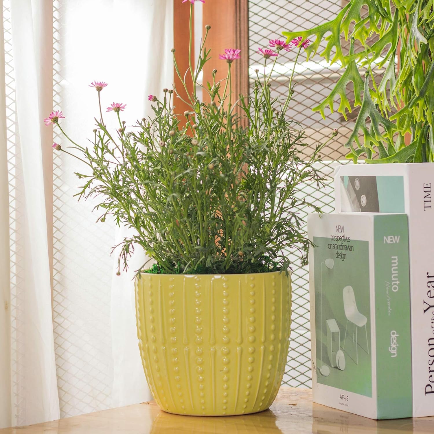 Vibrant Lemon Yellow Ceramic Plant Pots - Set of 2 (6.5" & 5.5") with Drainage Holes for Indoor Plants