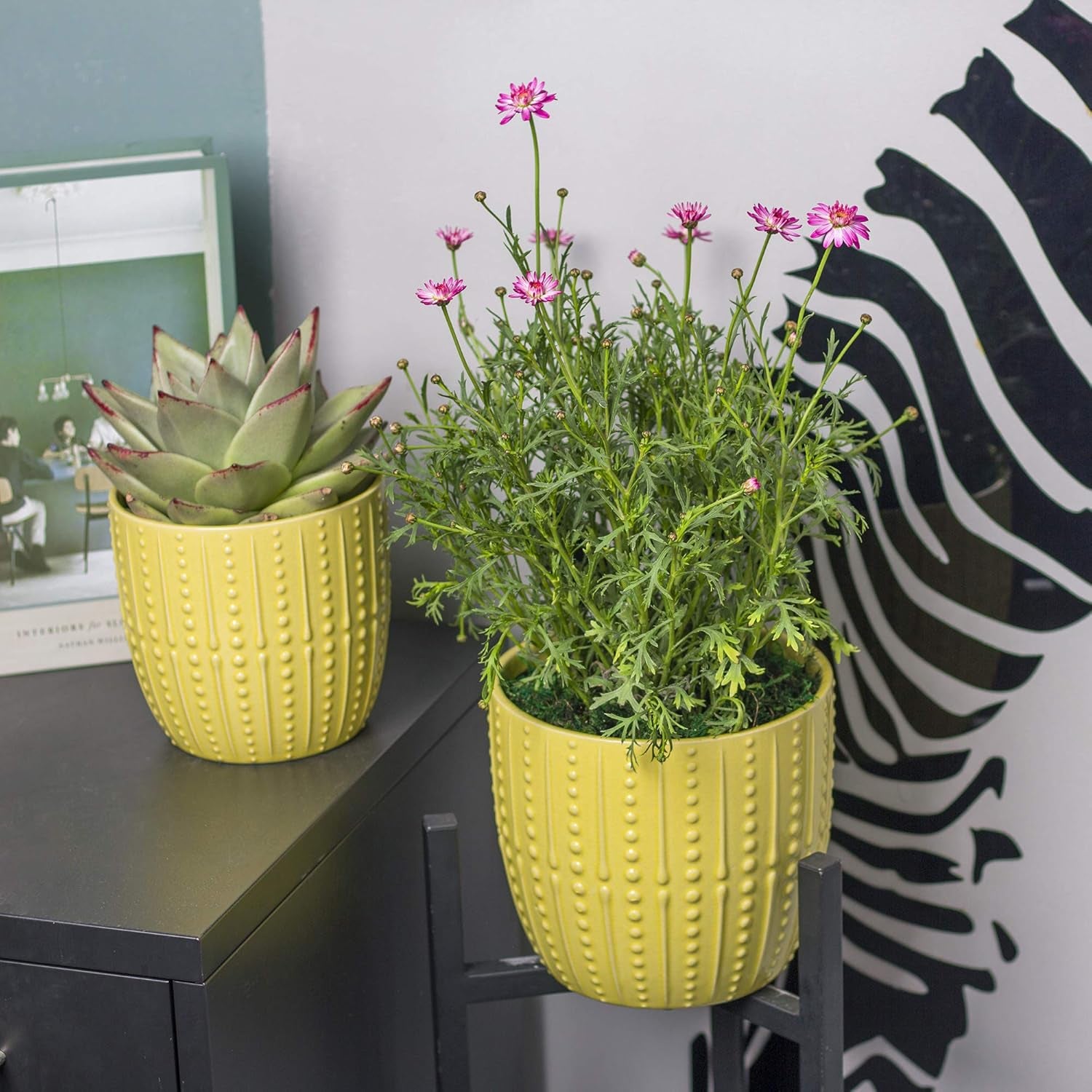 Vibrant Lemon Yellow Ceramic Plant Pots - Set of 2 (6.5" & 5.5") with Drainage Holes for Indoor Plants