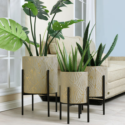 Set of 3 Gray and Gold Metal Cachepot Planters with Black Stand