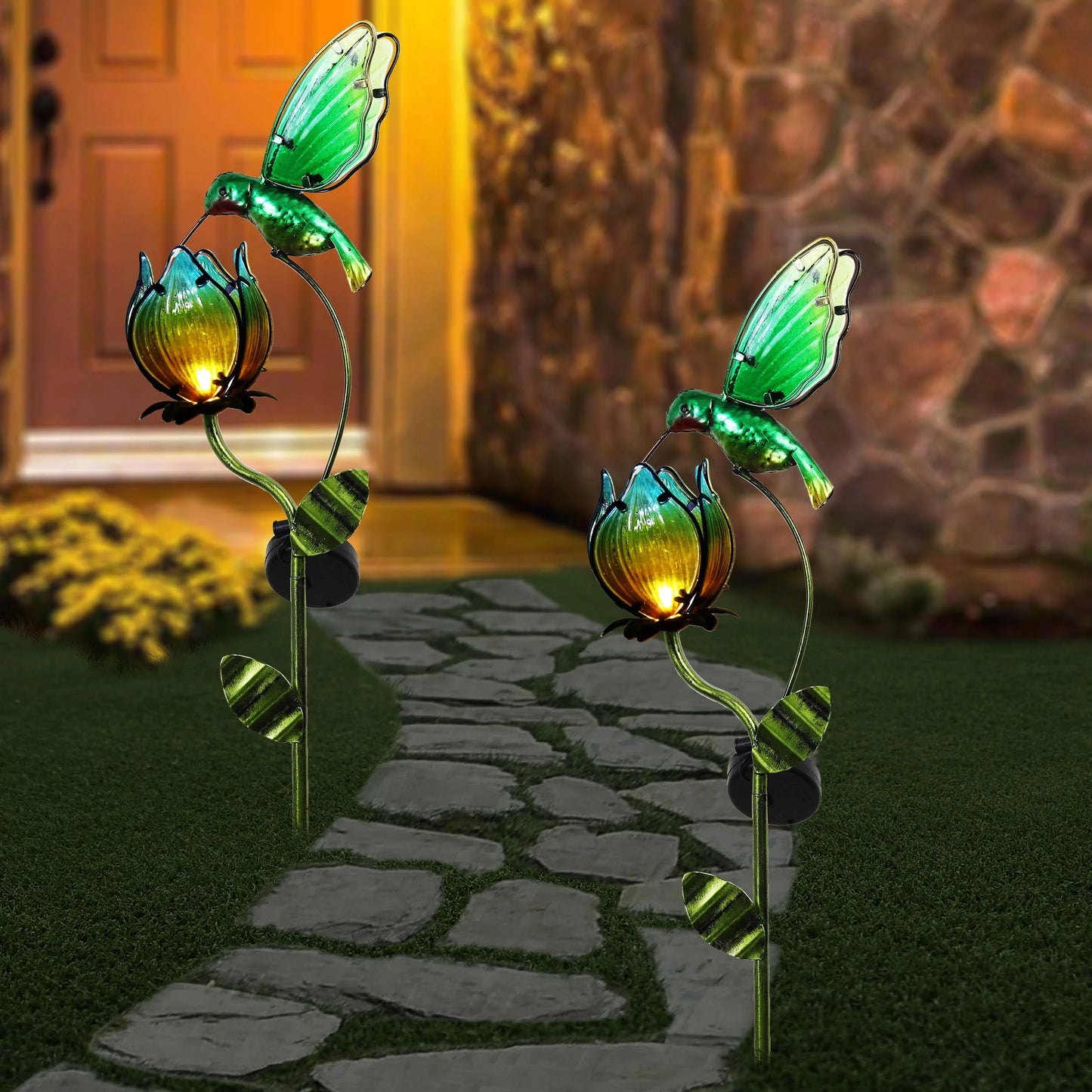 42''H Hummingbird Solar Garden Lights, Outdoor Metal Flower Solar Yard Stake Lights for Lawn Patio Garden Decor, Gifts for Mom Grandma