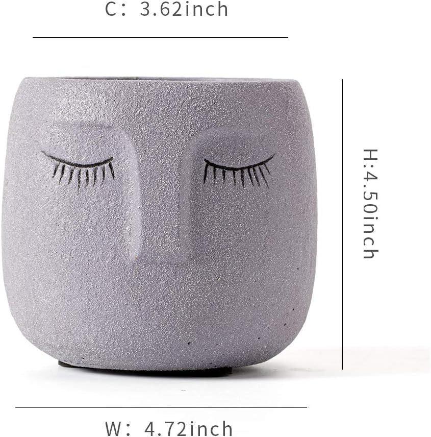 Head Design Planter Pot with Drainage Hole, Elegant Cement Face Planter for Flower (Grey)