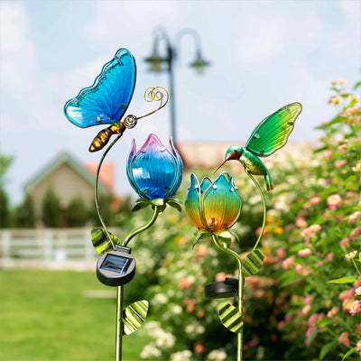 42''H Hummingbird Solar Garden Lights, Outdoor Metal Flower Solar Yard Stake Lights for Lawn Patio Garden Decor, Gifts for Mom Grandma