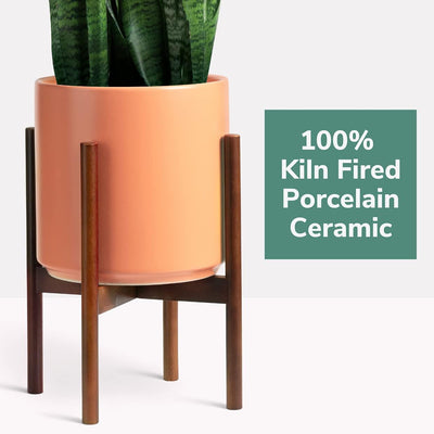 12" Melon Classic Planter and Plant Stand. Ceramic Plant Pot and Wood Plant Stand Set.