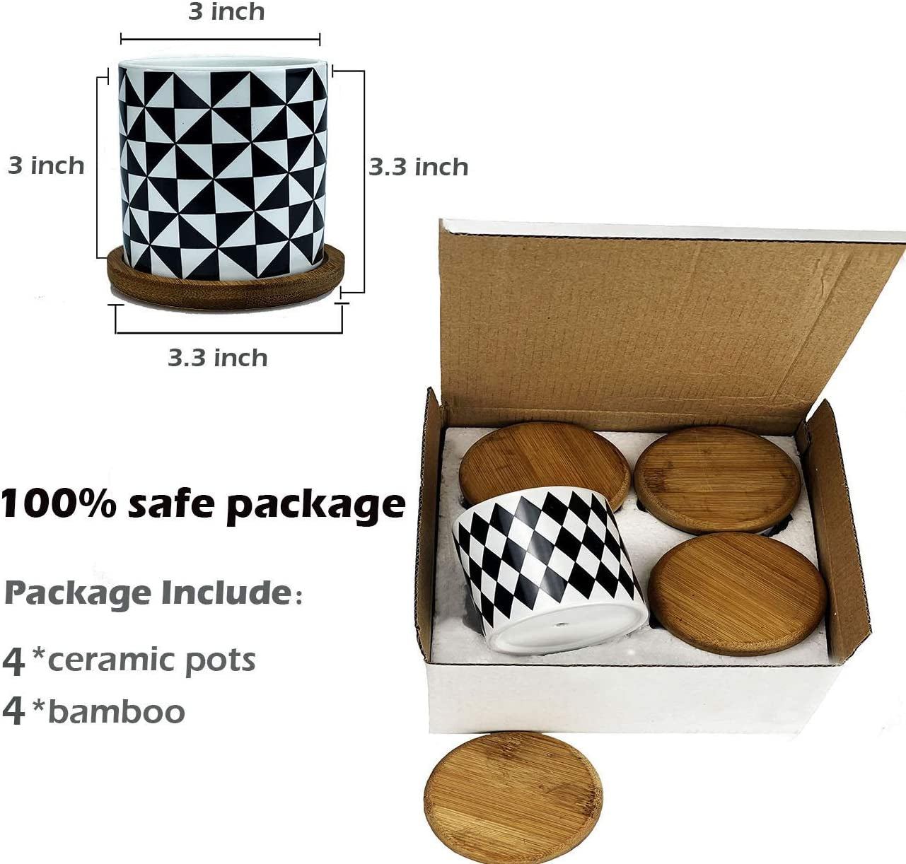 Set of 4 Stylish Ceramic Succulent Planter Pots with Drain Holes & Bamboo Trays – Perfect for Indoor & Outdoor Cacti and Flowers