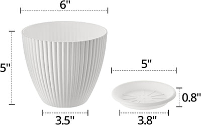 Plastic Planter Pots for Plants, 5 Pack 6 Inch Flower Pots with Drainage Holes and Saucers, Modern Stylish Indoor Outdoor Garden Pots for All Houseplants, Succulent, Home & Office Décor, White