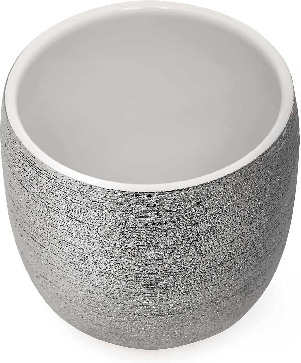 7 Inch Ceramic Pot for Plants - Textured Silver Plant Pot with Gloss White Interior, No Drainage Hole Watertight Design, Luxe Design for Indoor Plants (Brava Ceramic Plant Pots Indoor)