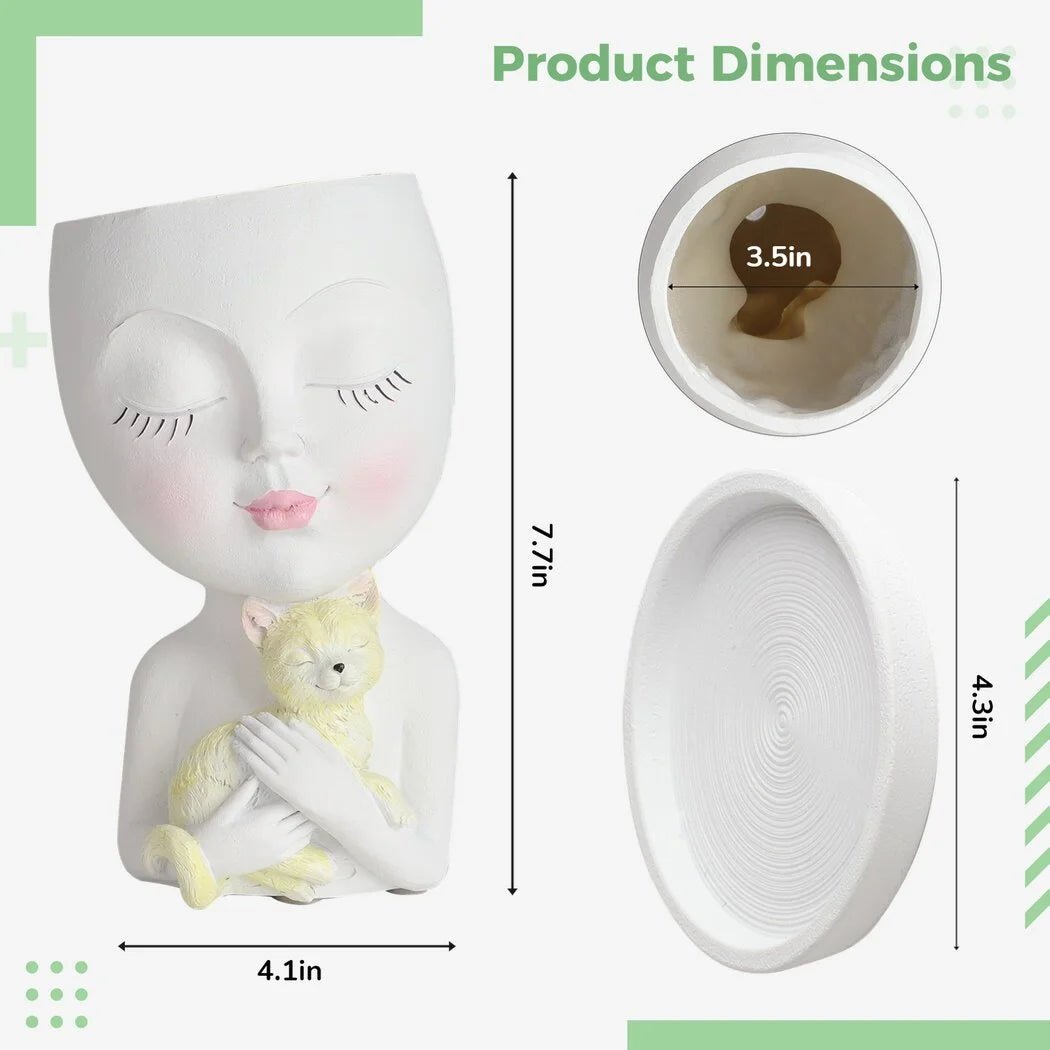 Face Plant Pot, Head Planter for Indoor and Outdoor Plants, Small Resin Flower Pot with Drainage Hole, Cute Lady Face Succulent Planter, Garden Decoration Planter, Coffee Table Decor
