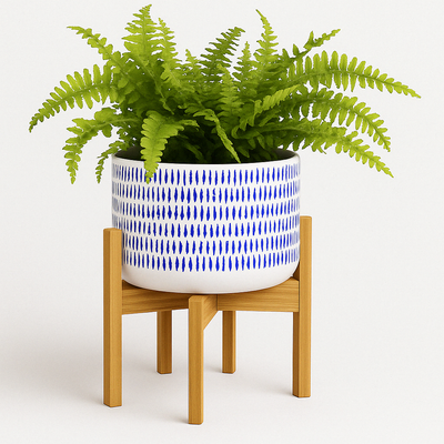 Modern Ceramic Pot – 7.3" Blue Boho with Stand