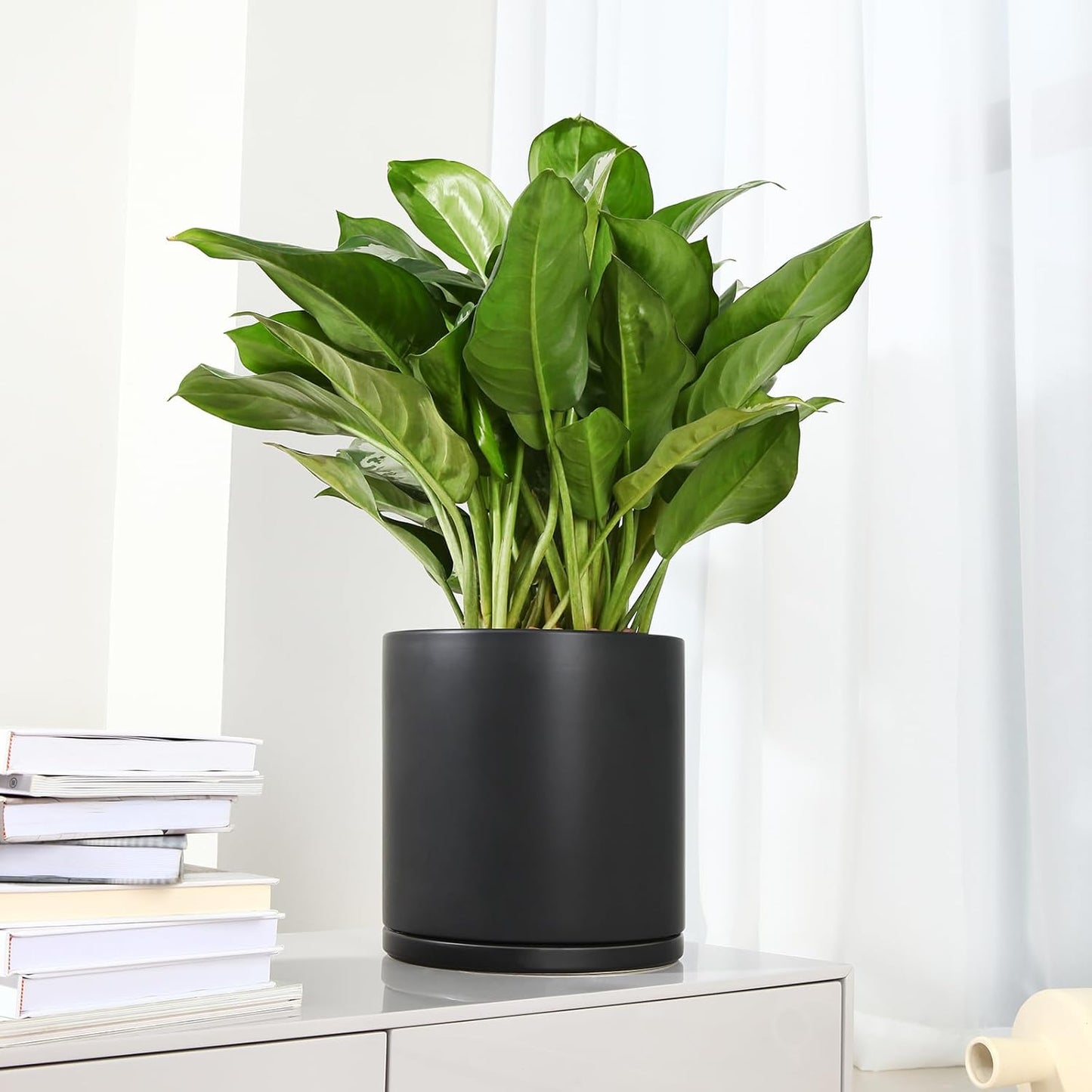 Plant Pots Ceramic Planter for Indoor Outdoor Plants Flowers 10 Inch Matte Black Large Cylinder Flower Pot with Saucer and Drainage Hole,Glazed Finish Interior and Exterior