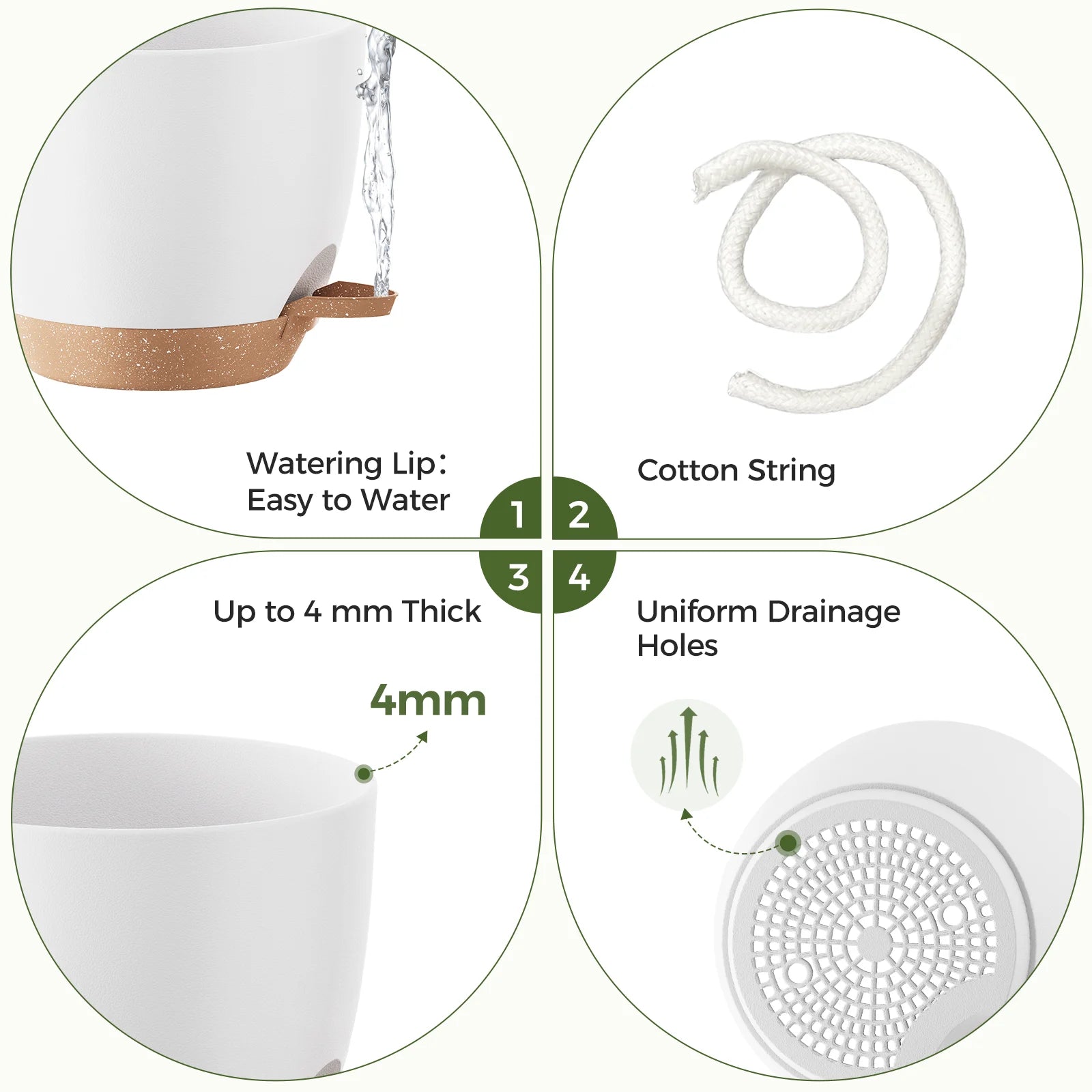 JF Self Watering Pots 6 Pack Plant Pots Indoor Planters 5/5.5/6/6.5/7/8 Inches Flower Pots with High Drainage Holes and Deep Reservoir for Indoor Outdoor Garden Plants and Flowers, White with Brown