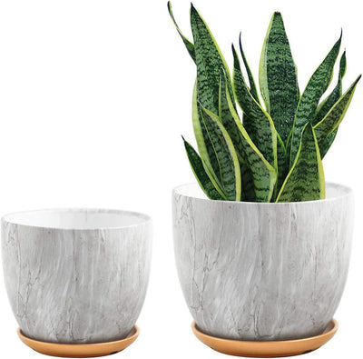 7 Inch Plant Pot with Drainage and Saucer, 5.5 Inch Ceramic Planters Indoor Plants, Flower Pot Outdoor, Marble Planter Pink Indoor Pots for Plants (7"+5.5" Plant Pot and Gold Saucers Inculded)…