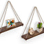 Hanging Shelves for Wall - Set of 2 – Rustic Farmhouse Boho Shelves with String– 17”X5.2” – Thick Distressed, Torched Look Real Wood - Brown Color