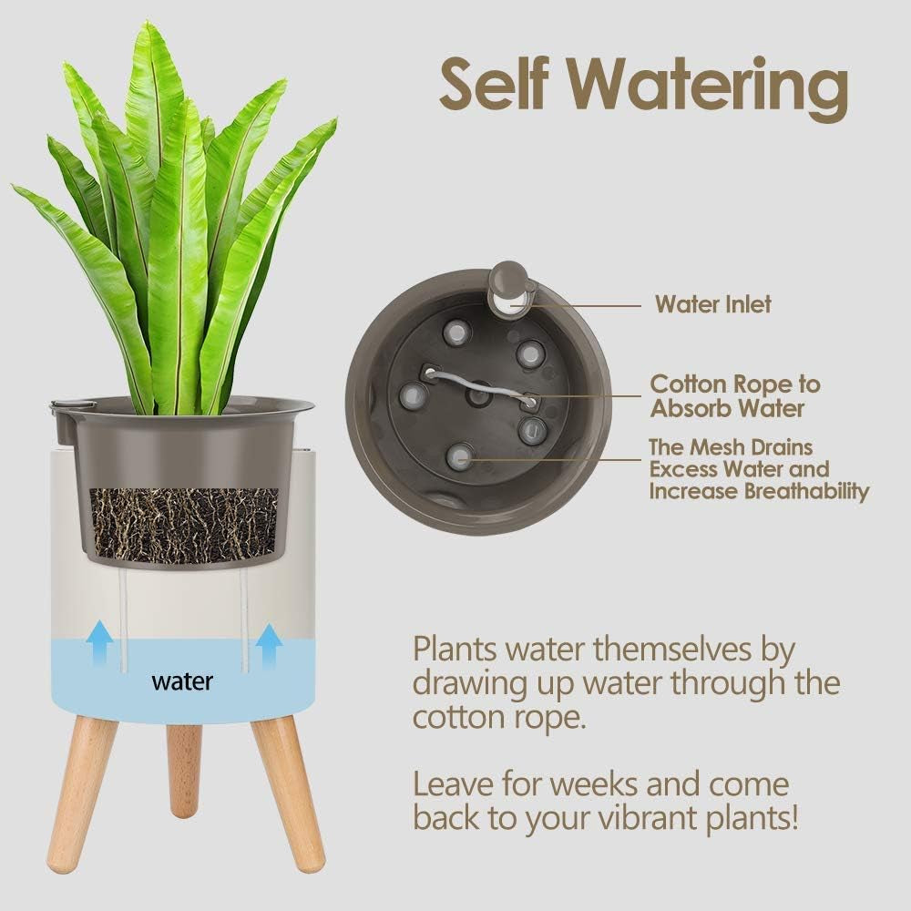 Planter Pot Smart Self Watering Pots, 7.3 in W / 4.3 in D Indoor Flower Pot with Stand Water Shortage Alarm Drainage System (Grey