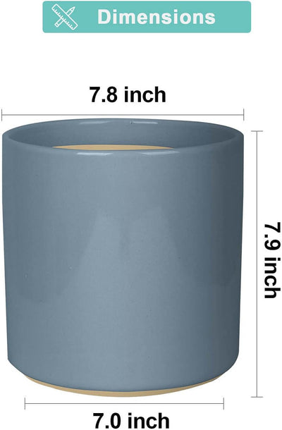 Matte Grey Ceramic Cylinder Plant Pot with Drainage, 1 Pack 8 Inch Large Ceramic Modern round Planter Pot, Glazed Flower Pots with Removable Rubber Plug for Indoor Outdoor Plant