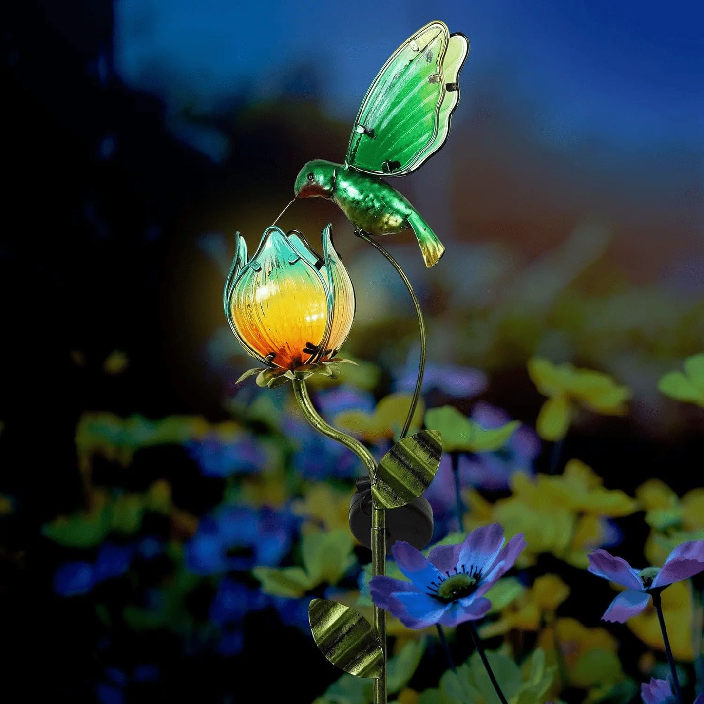 42''H Hummingbird Solar Garden Lights, Outdoor Metal Flower Solar Yard Stake Lights for Lawn Patio Garden Decor, Gifts for Mom Grandma