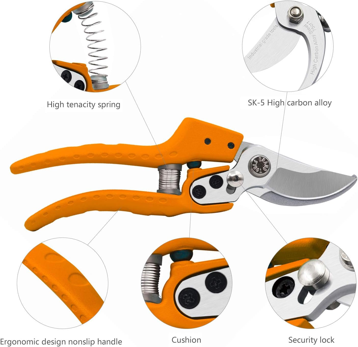 Professional Orange Garden Pruners, Tree Trimmers, Bypass Secateurs, Hand Pruner, Gardening Shears Clippers