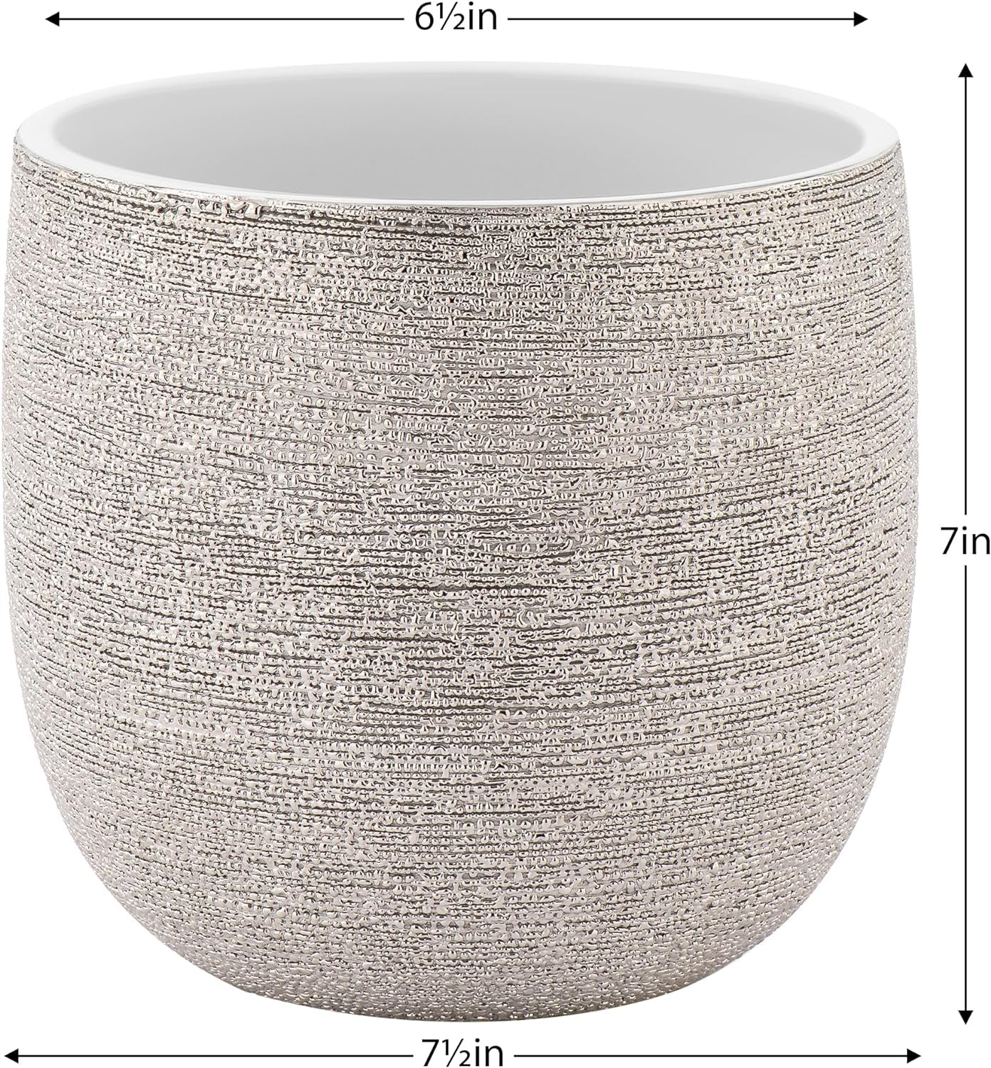 7 Inch Ceramic Pot for Plants - Textured Silver Plant Pot with Gloss White Interior, No Drainage Hole Watertight Design, Luxe Design for Indoor Plants (Brava Ceramic Plant Pots Indoor)