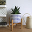 Blue Planter with Stand - 7.3 Inch Retro round Decorative Flower Pot Indoor with Wood Planter Holder, Blue and White, Home Decor Gift