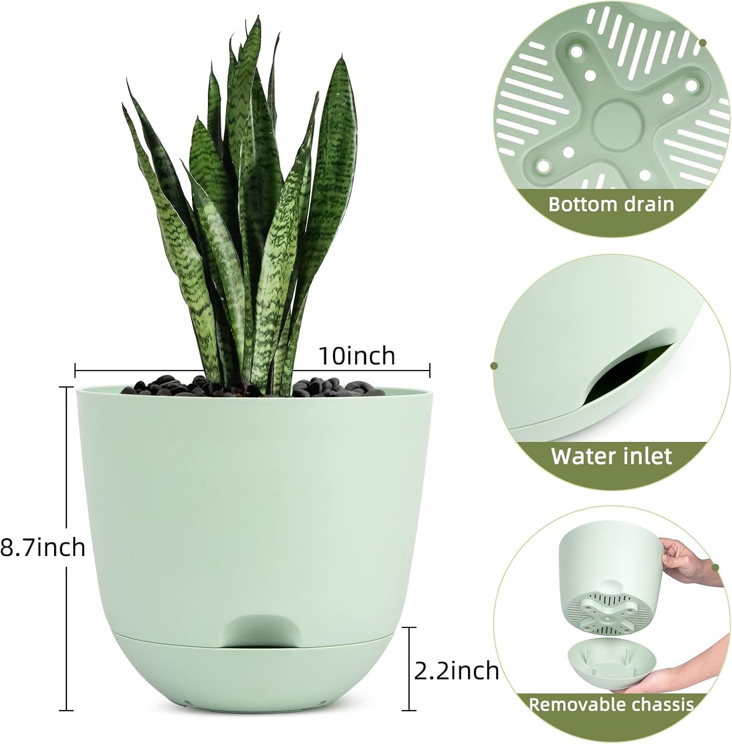 Close-up showing the deep reservoir, hollow base, and strip mesh drainage holes of the self-watering planter.