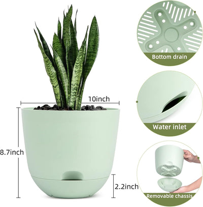 Close-up showing the deep reservoir, hollow base, and strip mesh drainage holes of the self-watering planter.