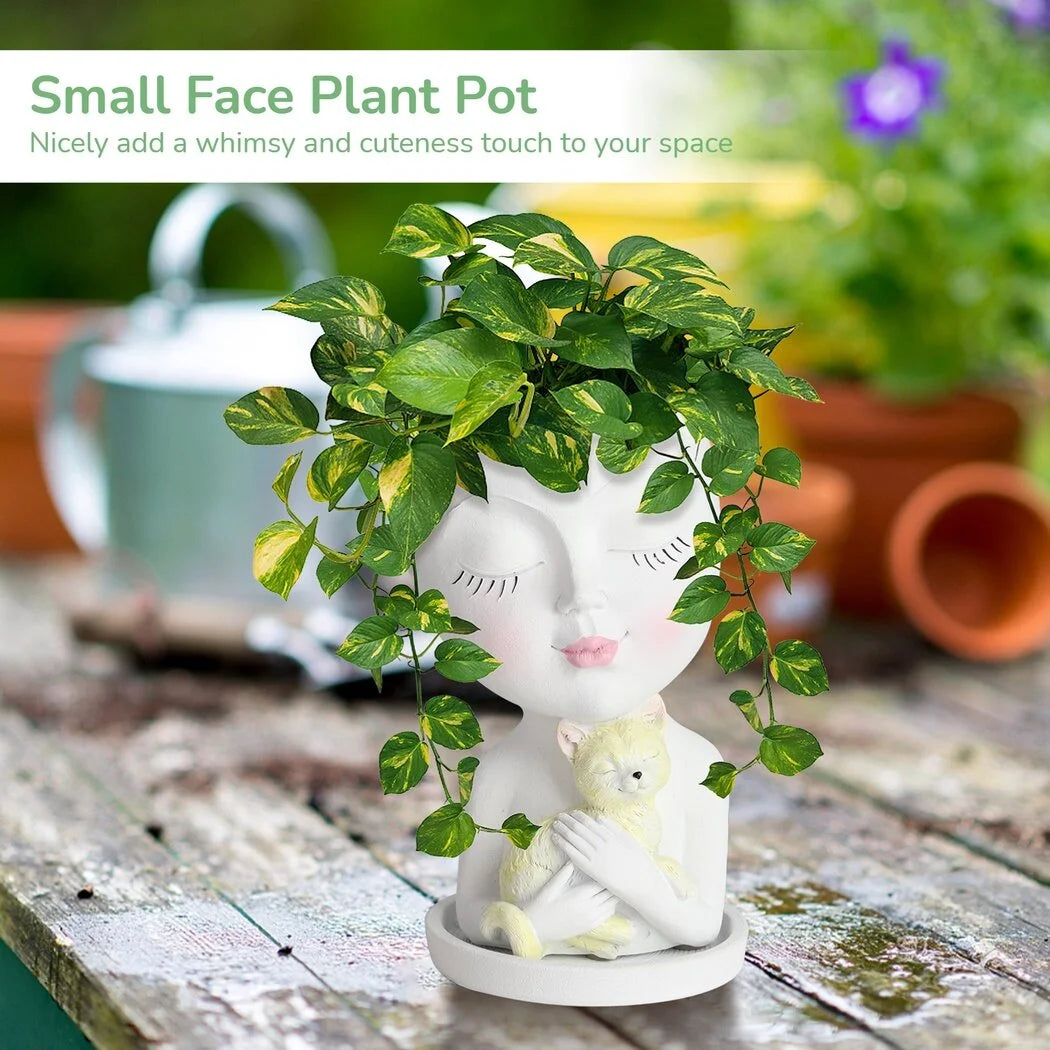 Face Plant Pot, Head Planter for Indoor and Outdoor Plants, Small Resin Flower Pot with Drainage Hole, Cute Lady Face Succulent Planter, Garden Decoration Planter, Coffee Table Decor