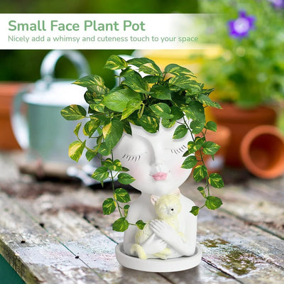 Face Plant Pot, Head Planter for Indoor and Outdoor Plants, Small Resin Flower Pot with Drainage Hole, Cute Lady Face Succulent Planter, Garden Decoration Planter, Coffee Table Decor