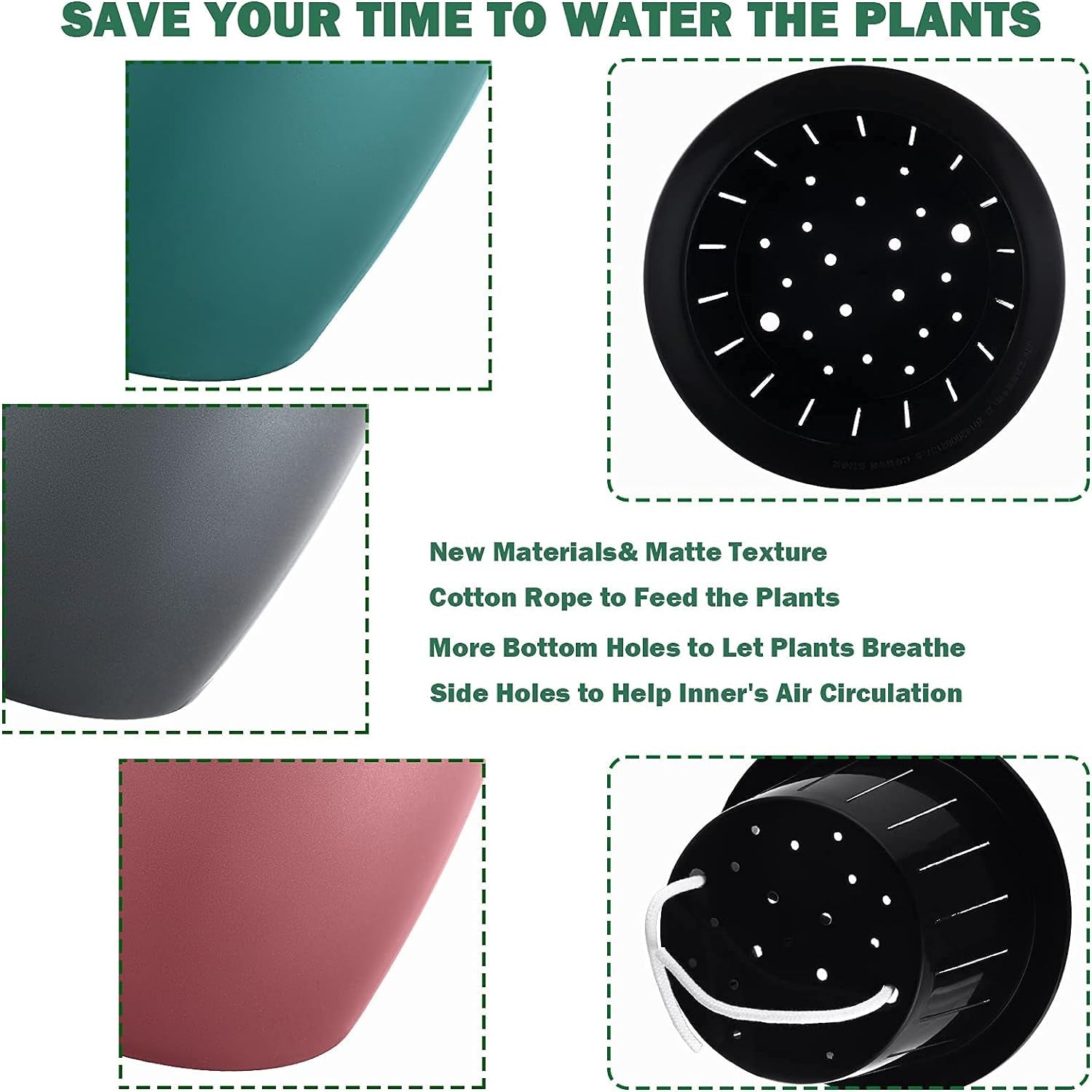 Detail shot of the black inner pot showing the drainage holes and the wick extending to the reservoir.