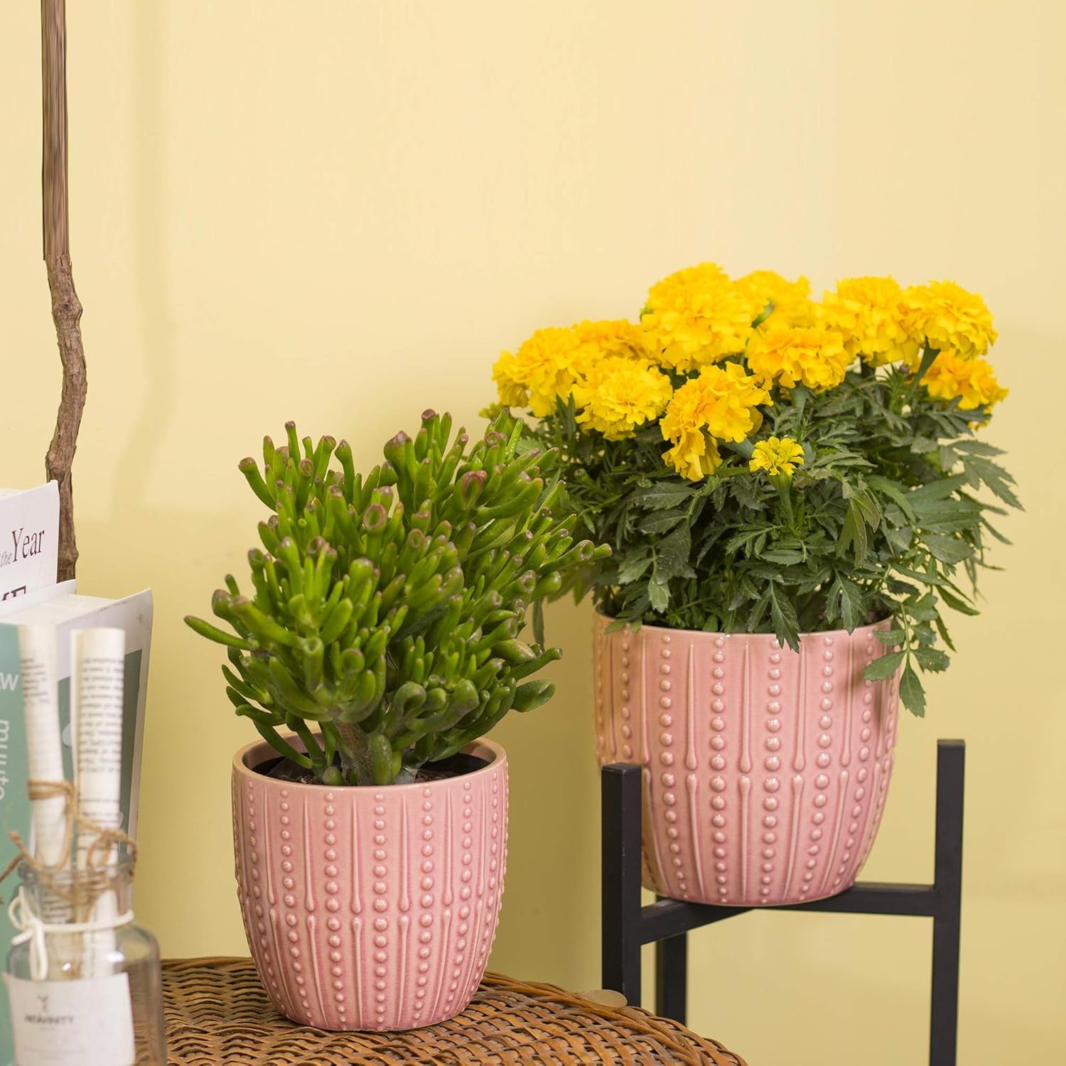 Chic Pink Ceramic Plant Pots - Set of 6.5" & 5.5" Indoor Planters with Drainage Holes