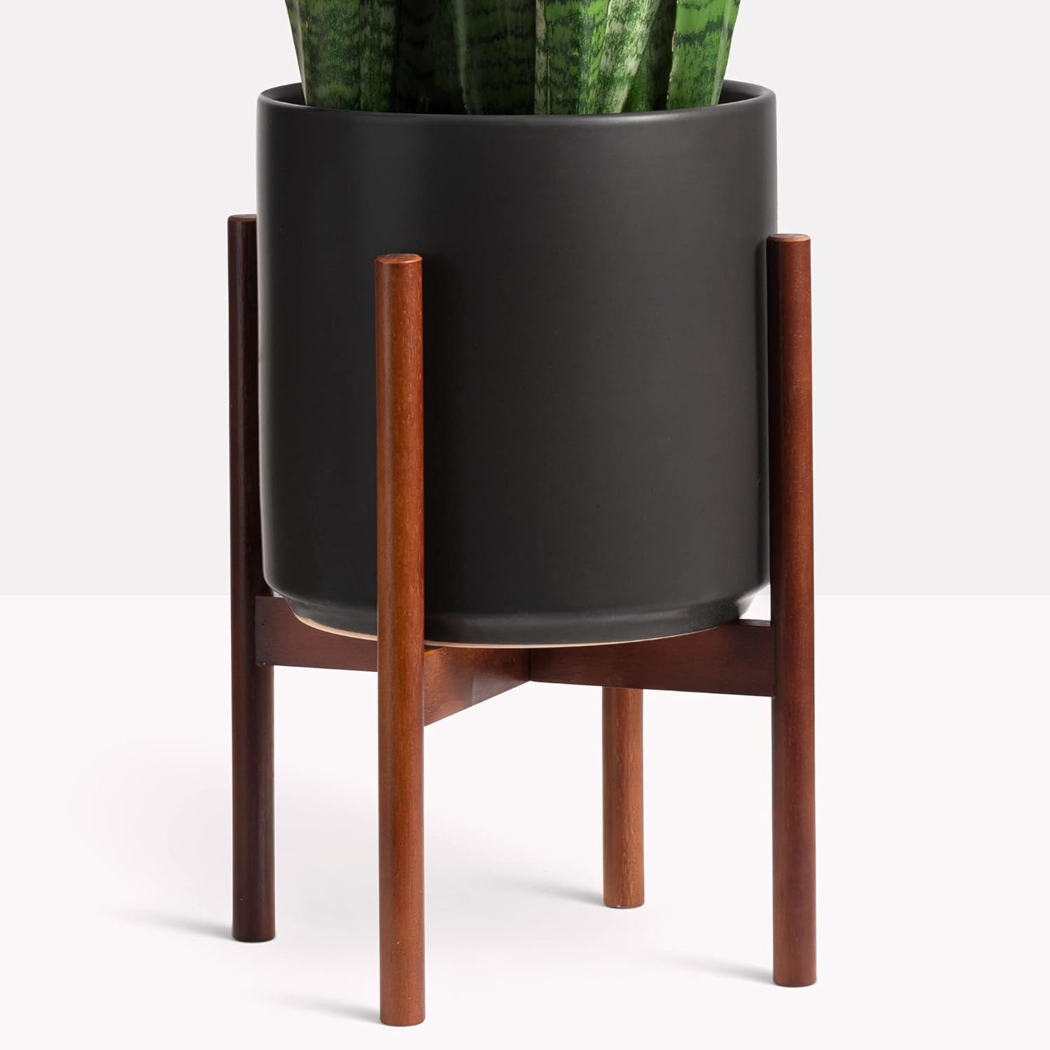 Elevate Your Space: 12" Black Ceramic Planter with Stylish Wood Stand Set