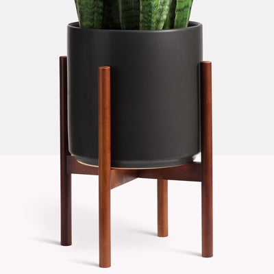 Elevate Your Space: 12" Black Ceramic Planter with Stylish Wood Stand Set