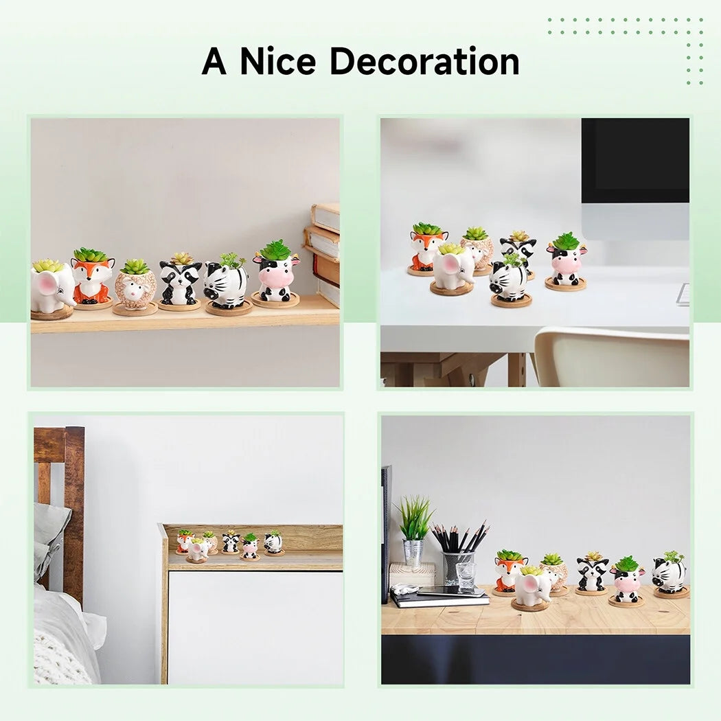 Adorable 6-Piece Ceramic Succulent Pot Set with Drainage - Cute Animal Planters for Indoor Home Décor