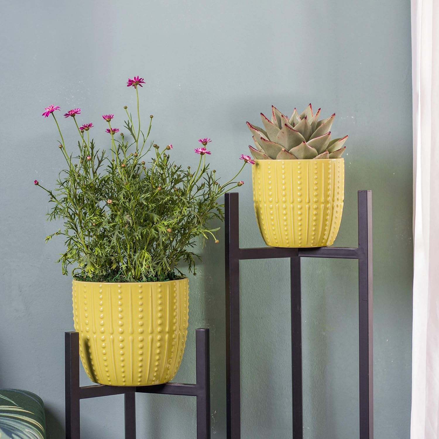 Vibrant Lemon Yellow Ceramic Plant Pots - Set of 2 (6.5" & 5.5") with Drainage Holes for Indoor Plants