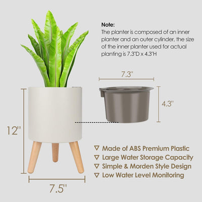 Planter Pot Smart Self Watering Pots, 7.3 in W / 4.3 in D Indoor Flower Pot with Stand Water Shortage Alarm Drainage System (Grey