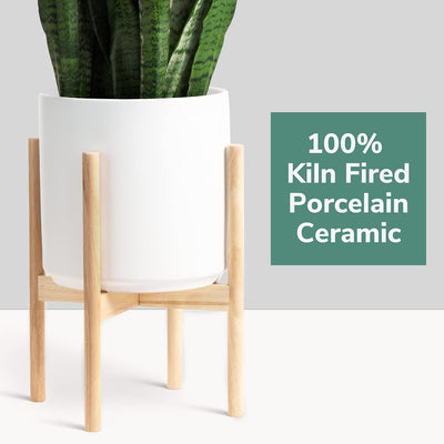 Elegant 15" White Ceramic Planter with Stylish Wood Plant Stand Set