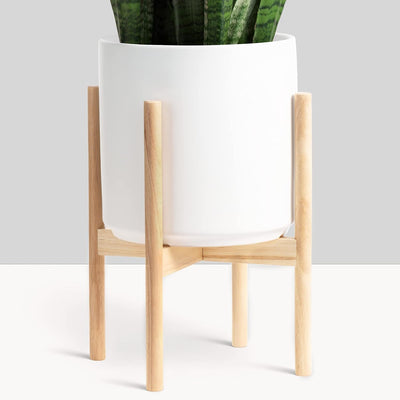 Elegant 15" White Ceramic Planter with Stylish Wood Plant Stand Set