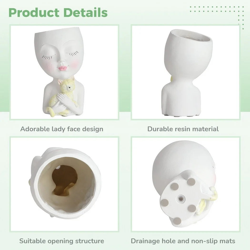Face Plant Pot, Head Planter for Indoor and Outdoor Plants, Small Resin Flower Pot with Drainage Hole, Cute Lady Face Succulent Planter, Garden Decoration Planter, Coffee Table Decor