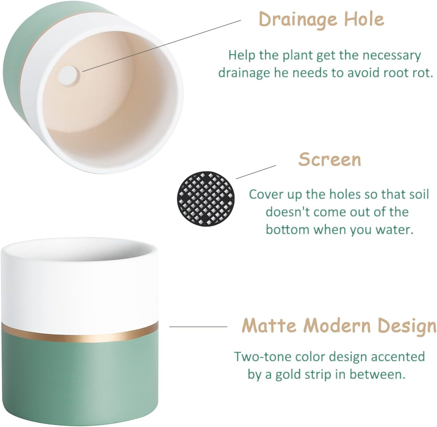Stylish 4.7 Inch Ceramic Plant Pots for Home & Office - Matte Finish with Drainage Hole (Green, White & Gold Stripe)