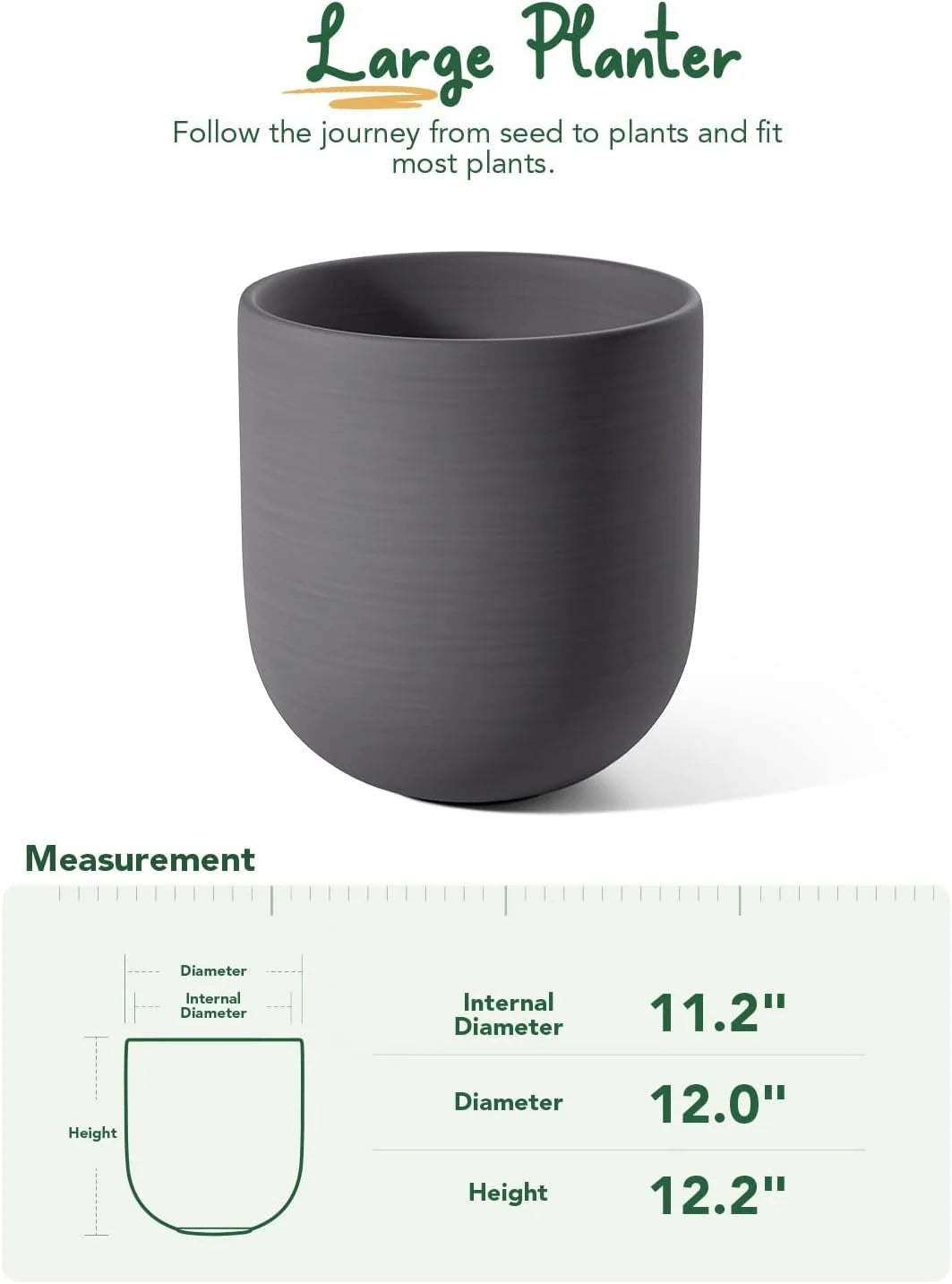 12" Plant Pots, Ceramic Flower Pots with Drain Holes& Plug Indoor Planter, Charcoal Gray Outdoor Planter