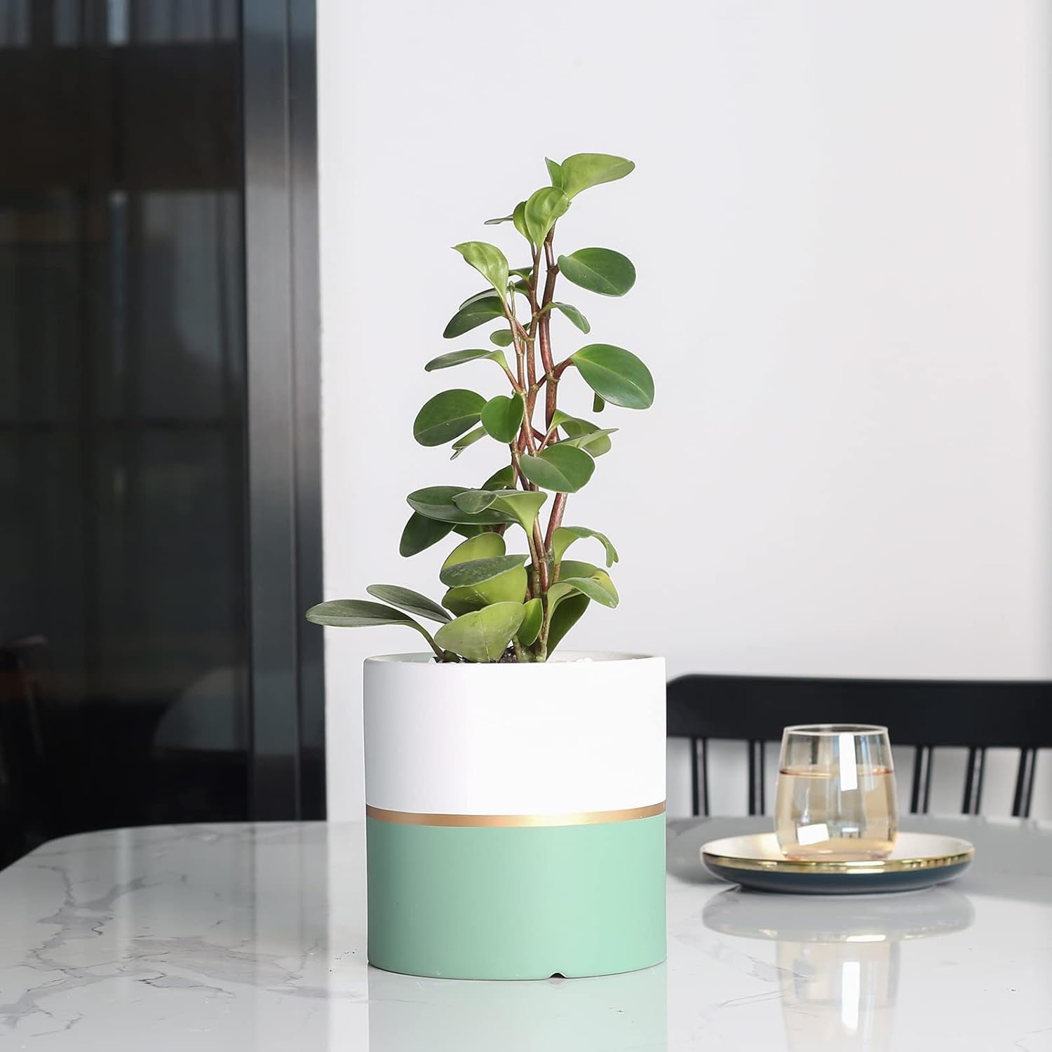 Stylish 4.7 Inch Ceramic Plant Pots for Home & Office - Matte Finish with Drainage Hole (Green, White & Gold Stripe)